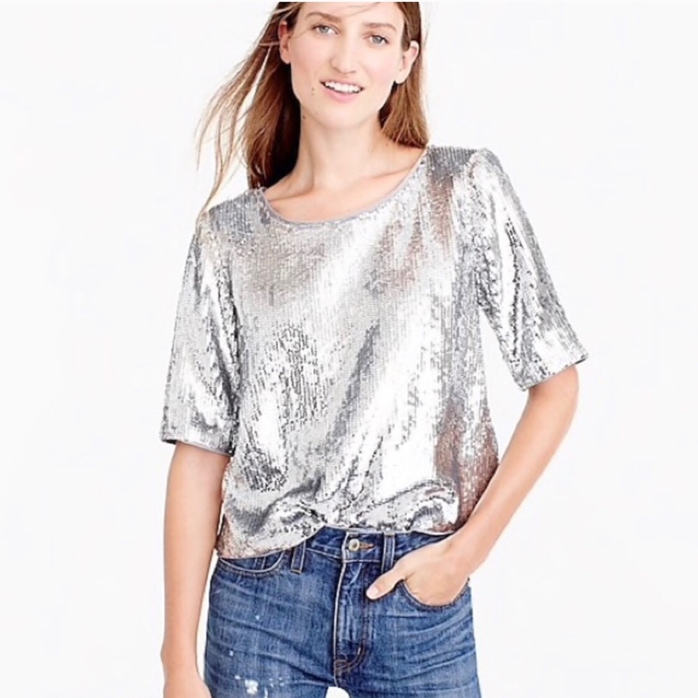 Jcrew Cropped Silver Sequin Bow Ties Blouse